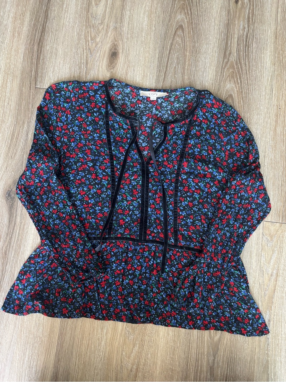 LOFT Black Floral Tie-Neck Blouse with Red & Blue Flowers